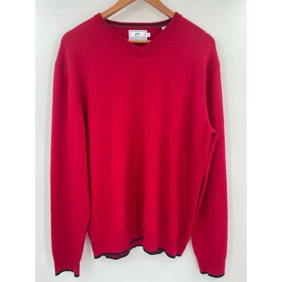 Southern Tide Men's Size Medium Red V-Neck Sweater Blue Elbow Patches Wool Blend - Picture 1 of 8